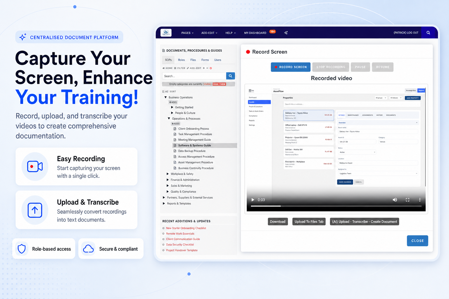 TKO Guides screen recording capability screenshot for training documentation
