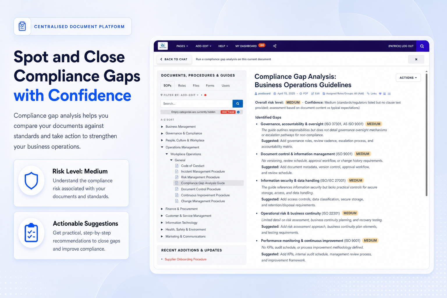 TKO Guides compliance gap analysis screenshot for business documents