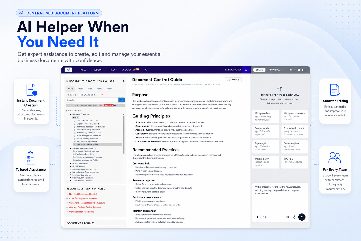TKO Guides AI helper prompt screenshot for document creation