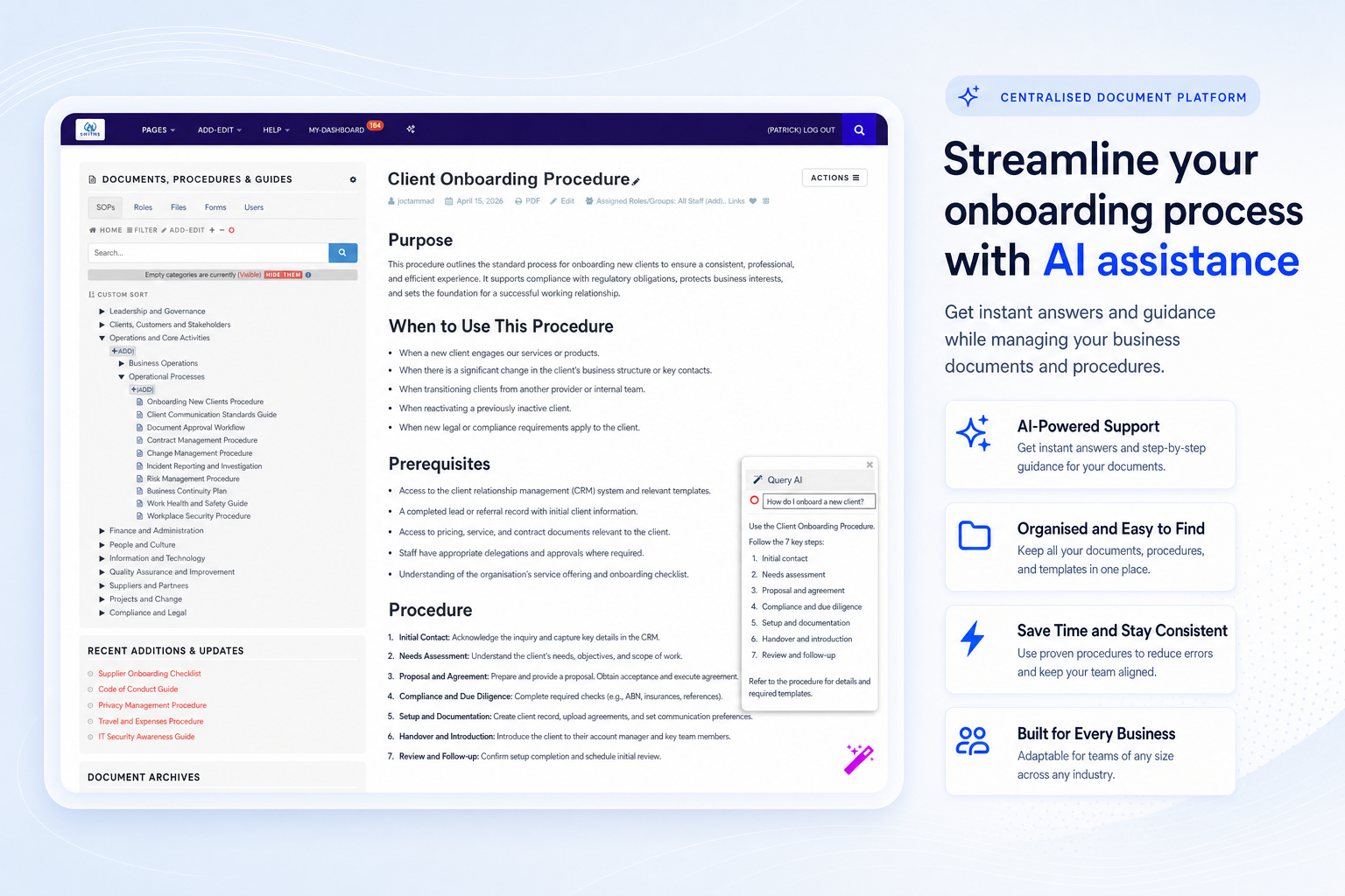 TKO Guides AI quick query popup screenshot for document assistance
