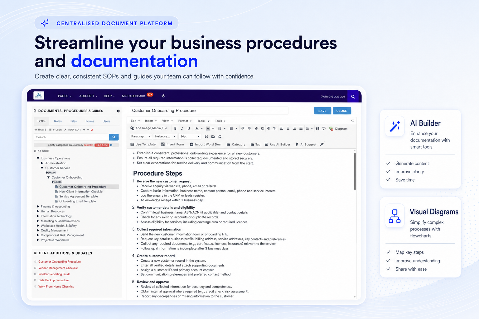 TKO Guides editor screenshot for intake and registration documents