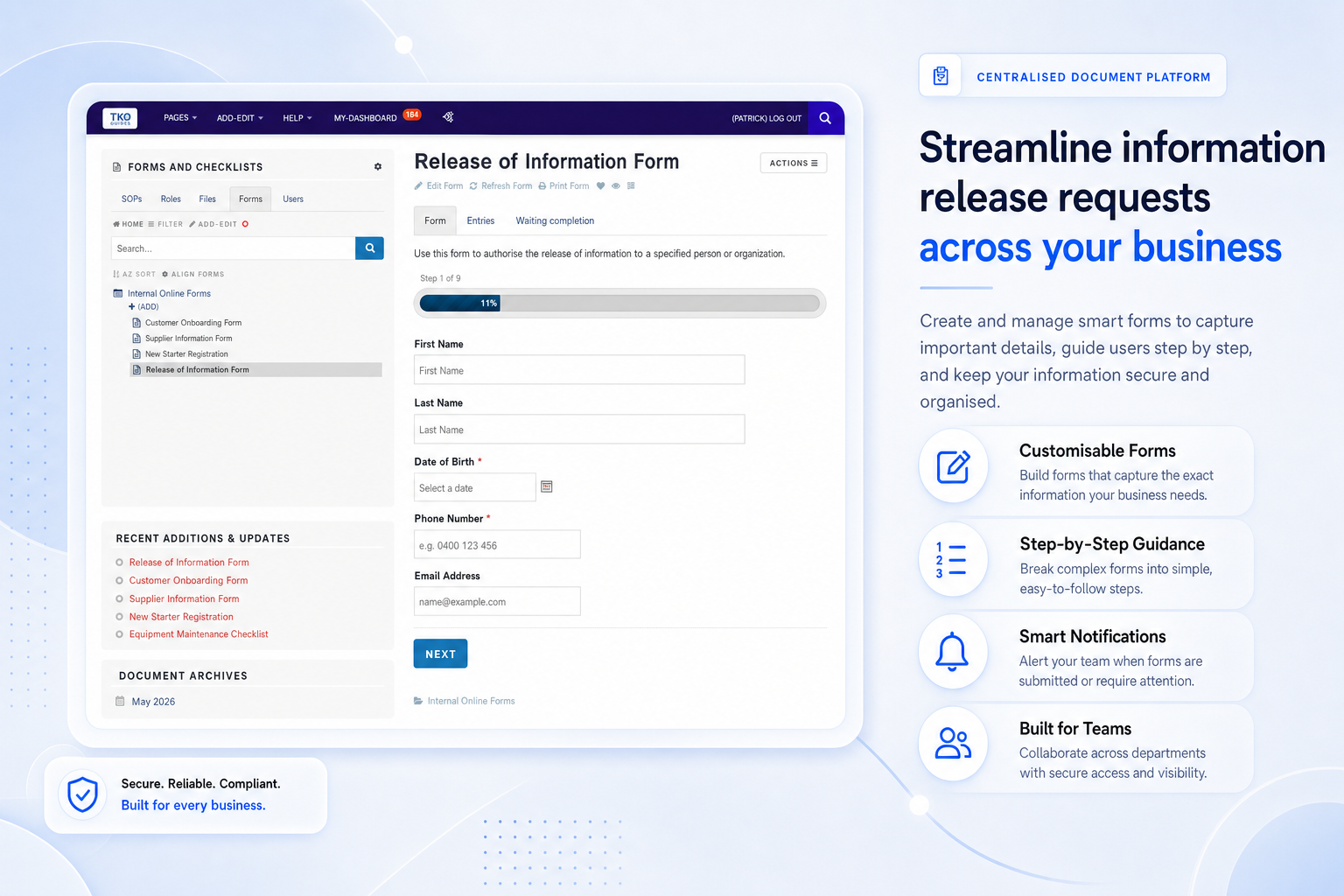 TKO Guides forms input screenshot for record release management