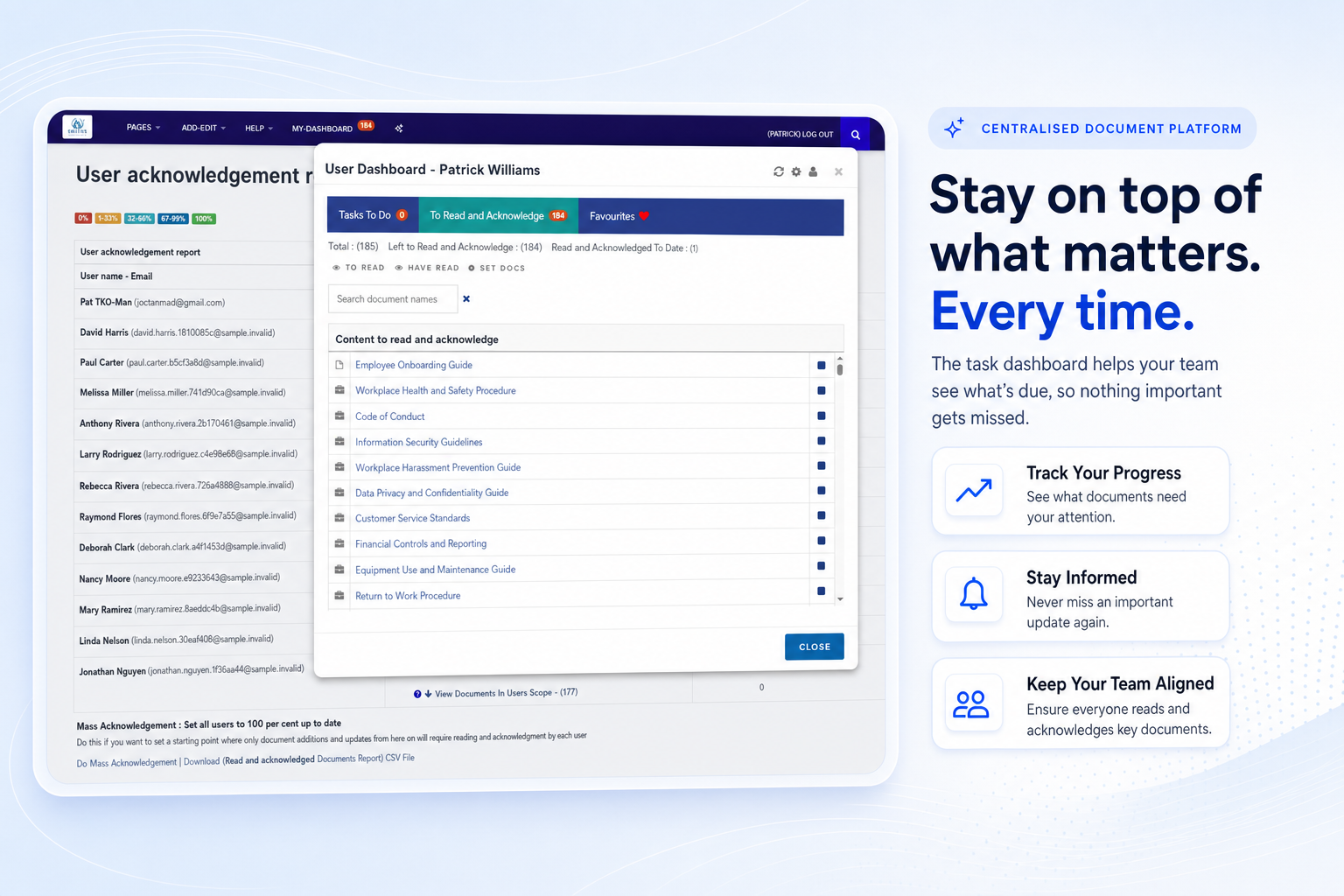 TKO Guides user task dashboard screenshot for document tracking