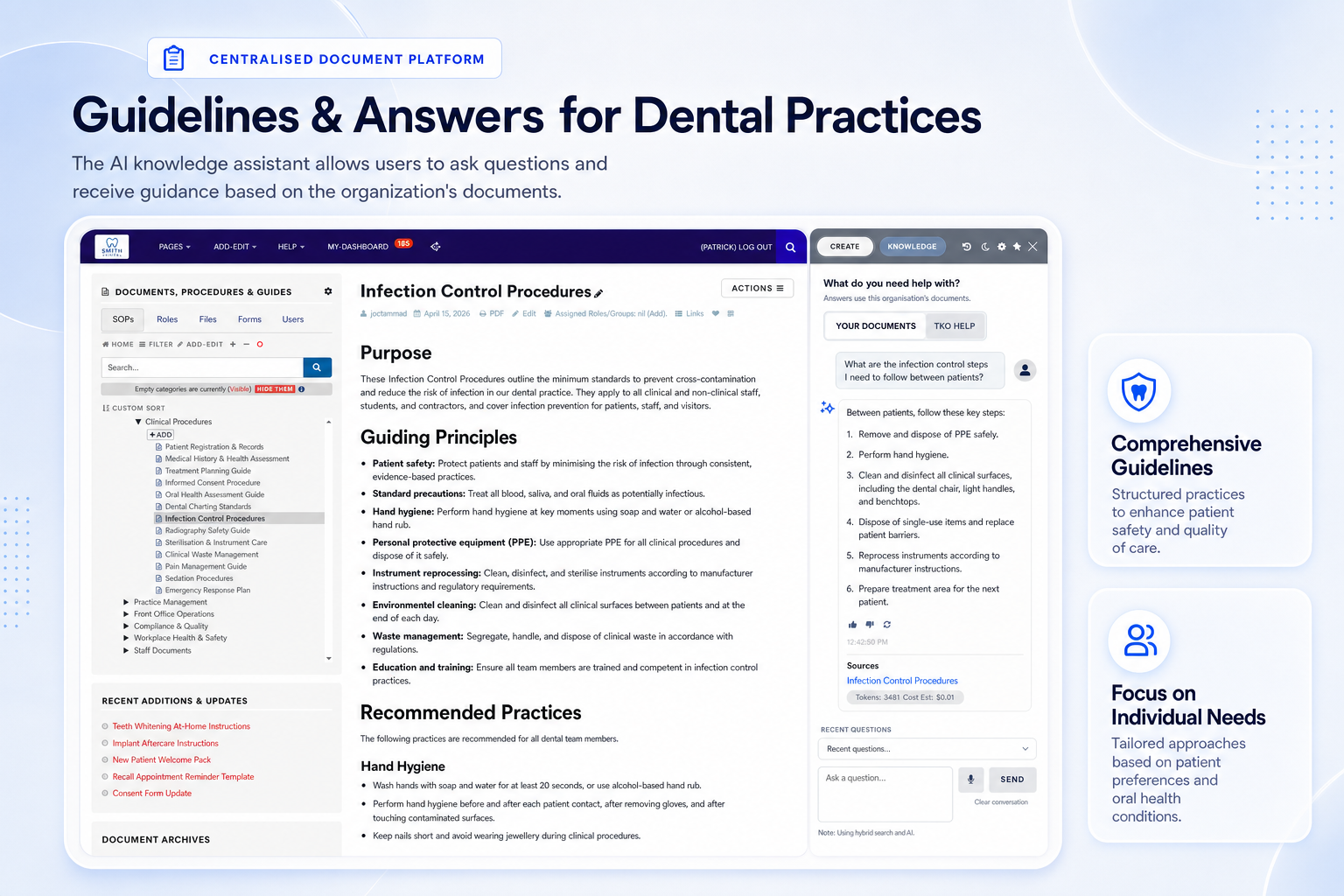 TKO Guides AI knowledge assistant answering questions from dental practice documents