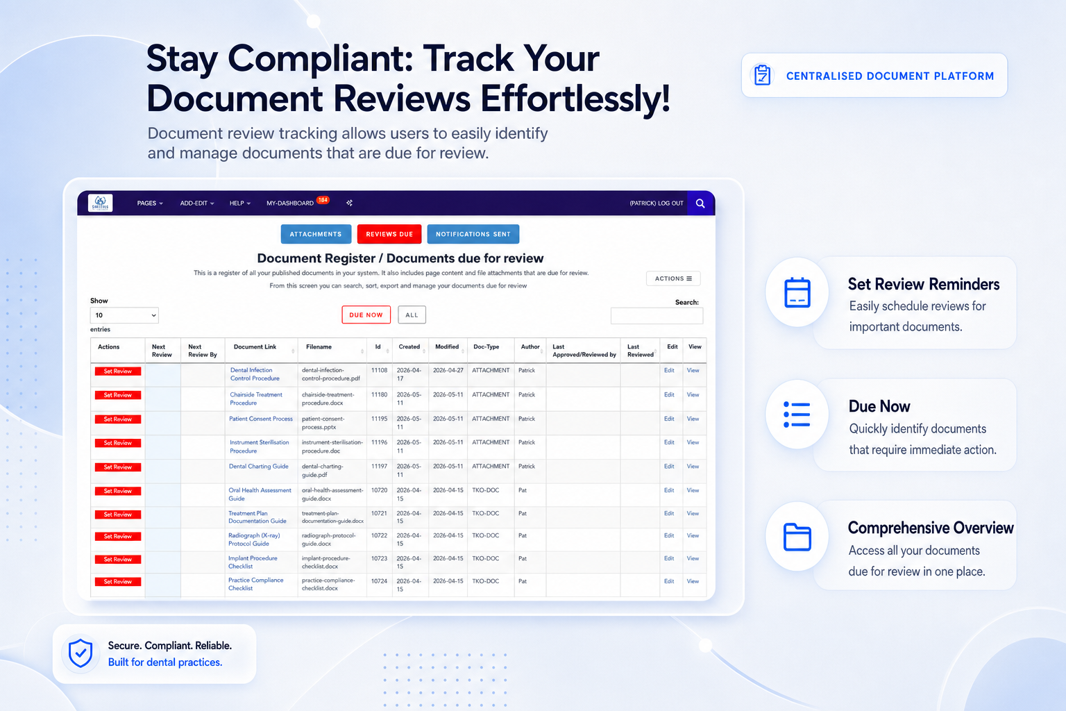 TKO Guides document review tracking screen for dental practices