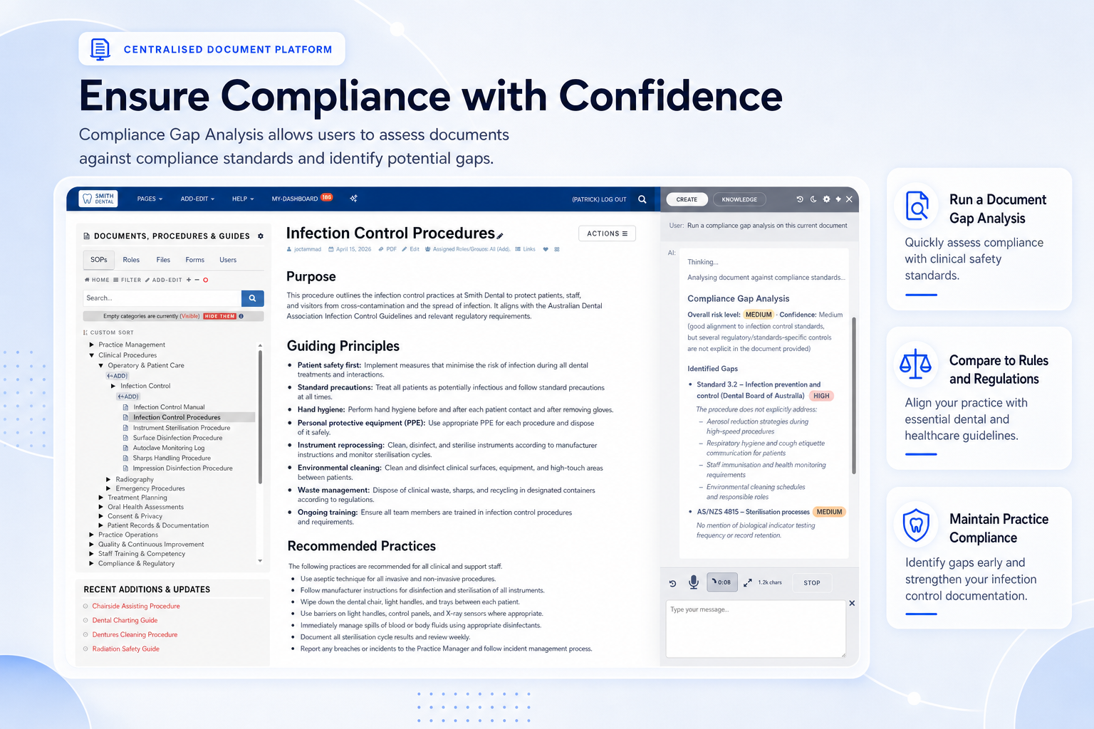 TKO Guides compliance gap analysis dashboard for dental documents