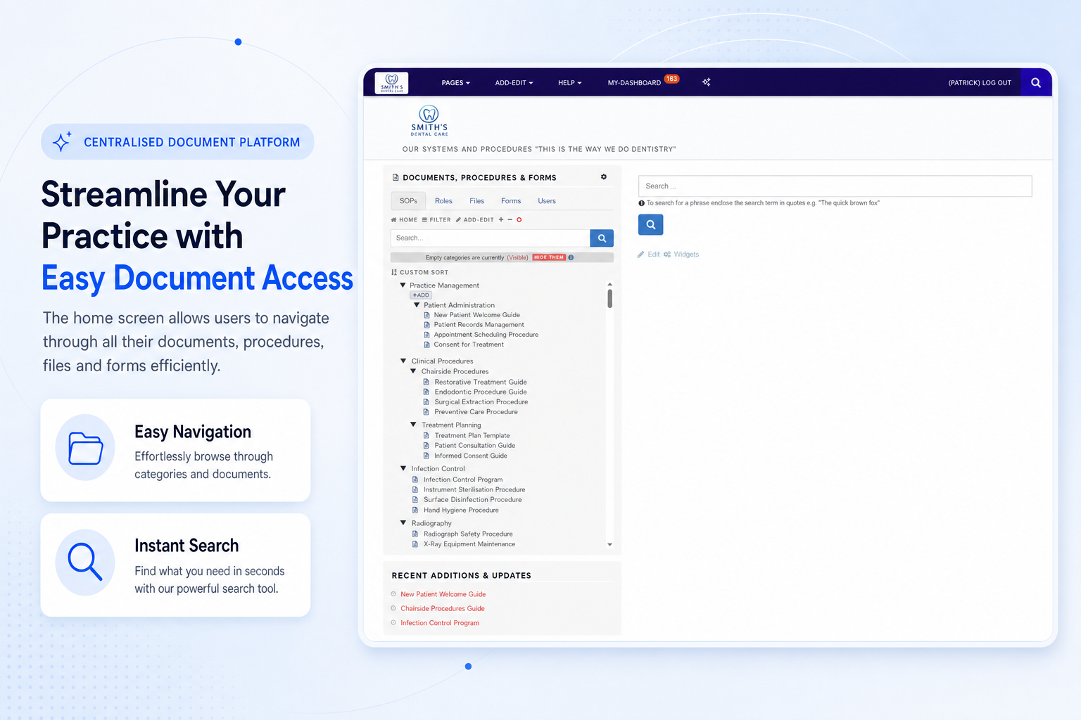 TKO Guides home screen for dental practice document management