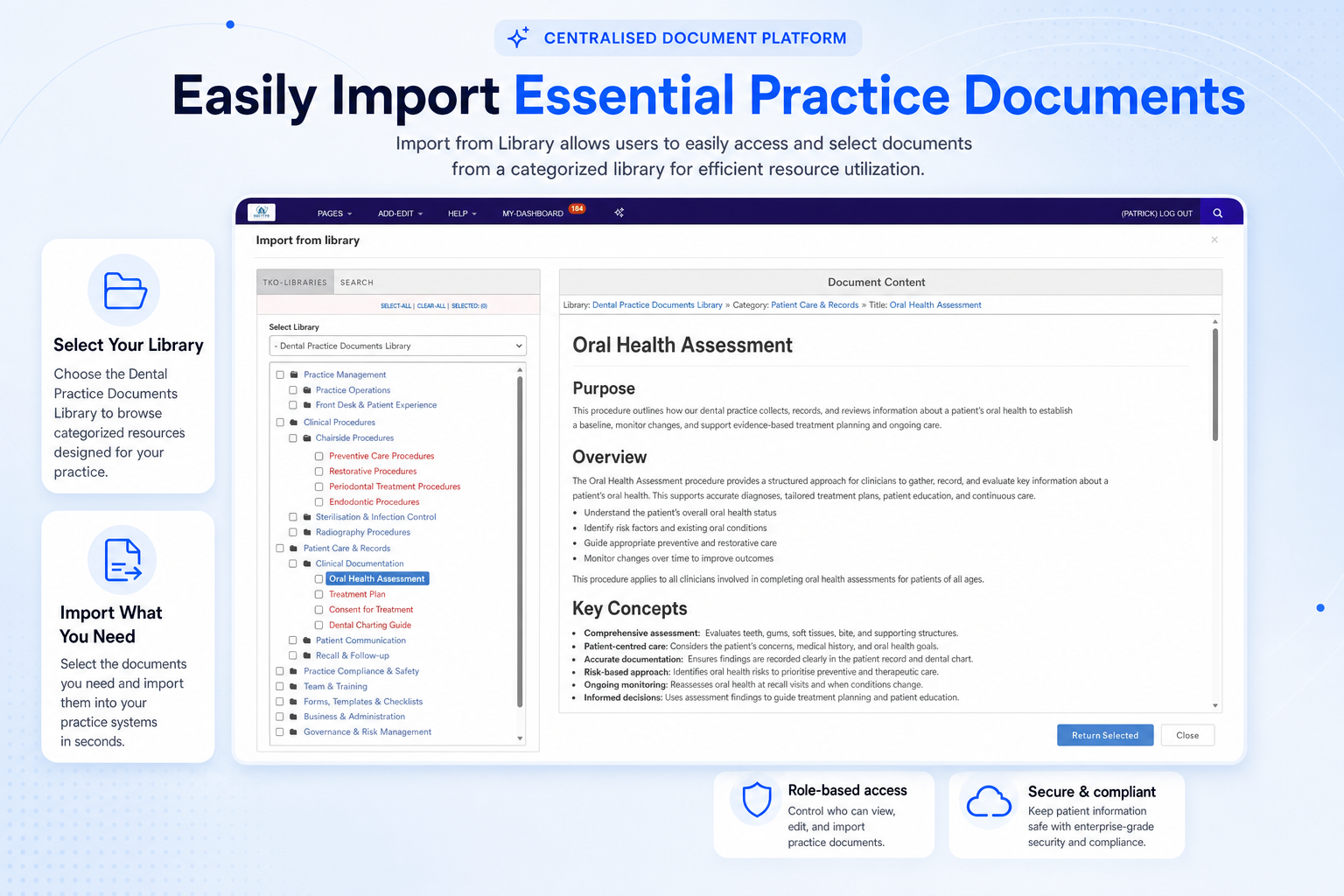 TKO Guides import from library screen for dental documents