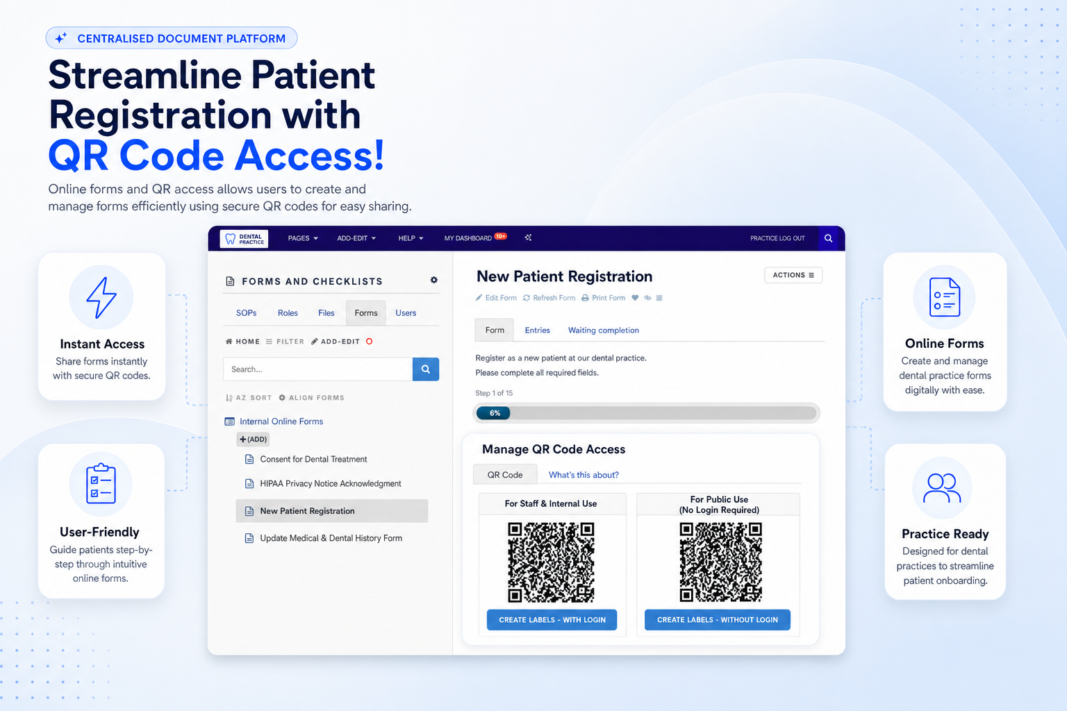 TKO Guides online forms and QR code access for dental practices