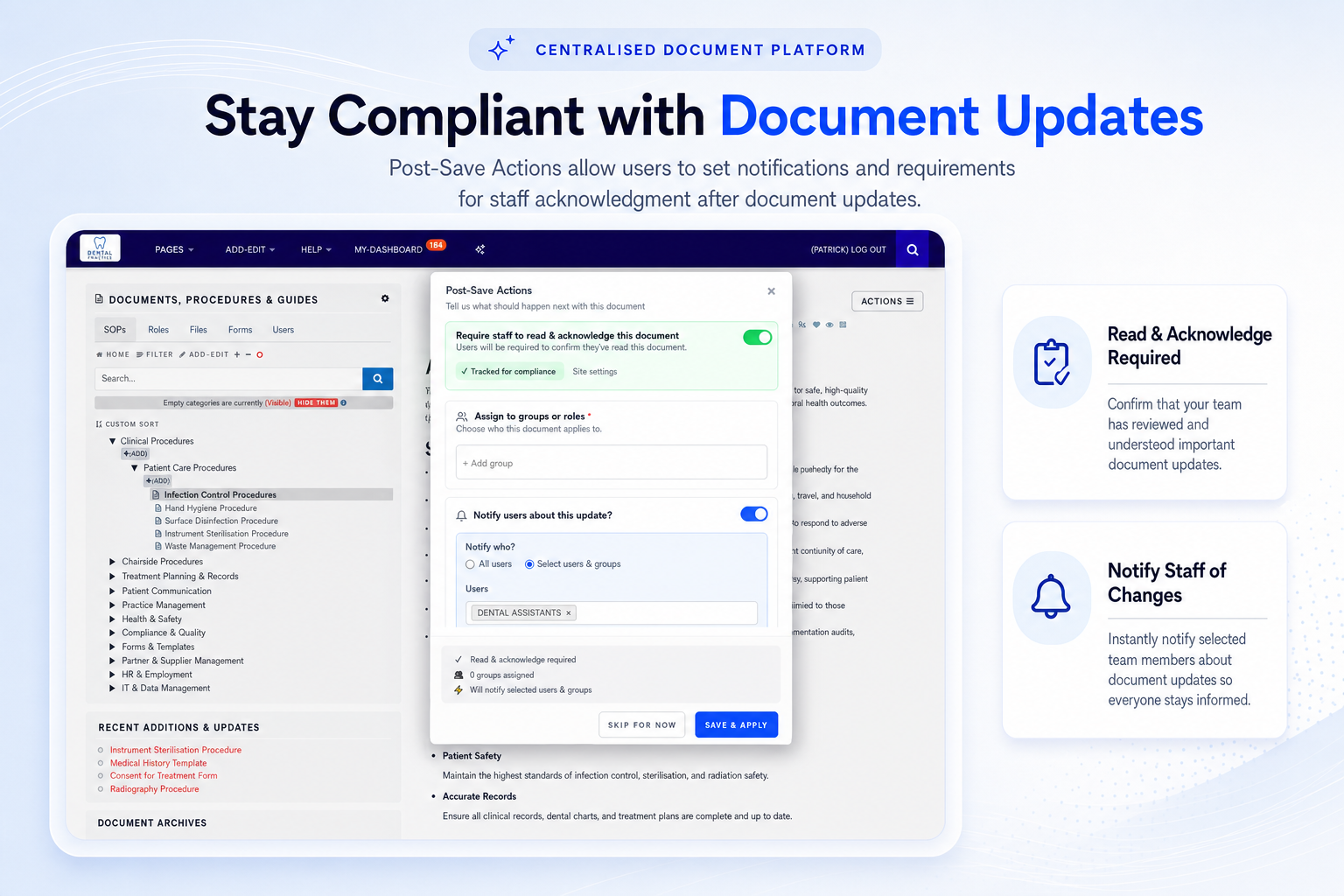 TKO Guides post save notifications and acknowledgements for dental documents