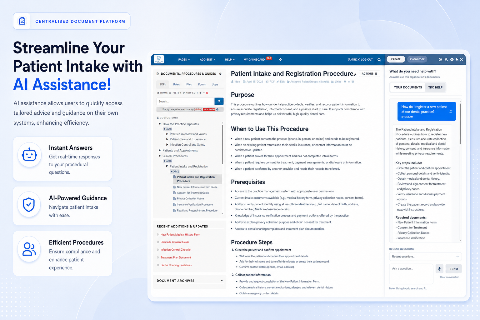 TKO Guides AI question answering for dental patient intake procedures