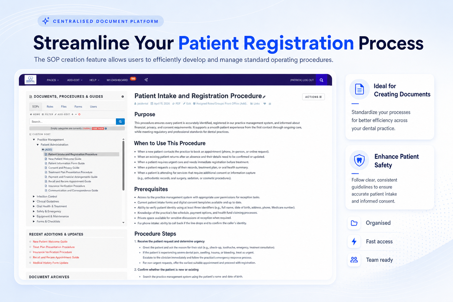 TKO Guides SOP creation screen for dental patient registration procedure