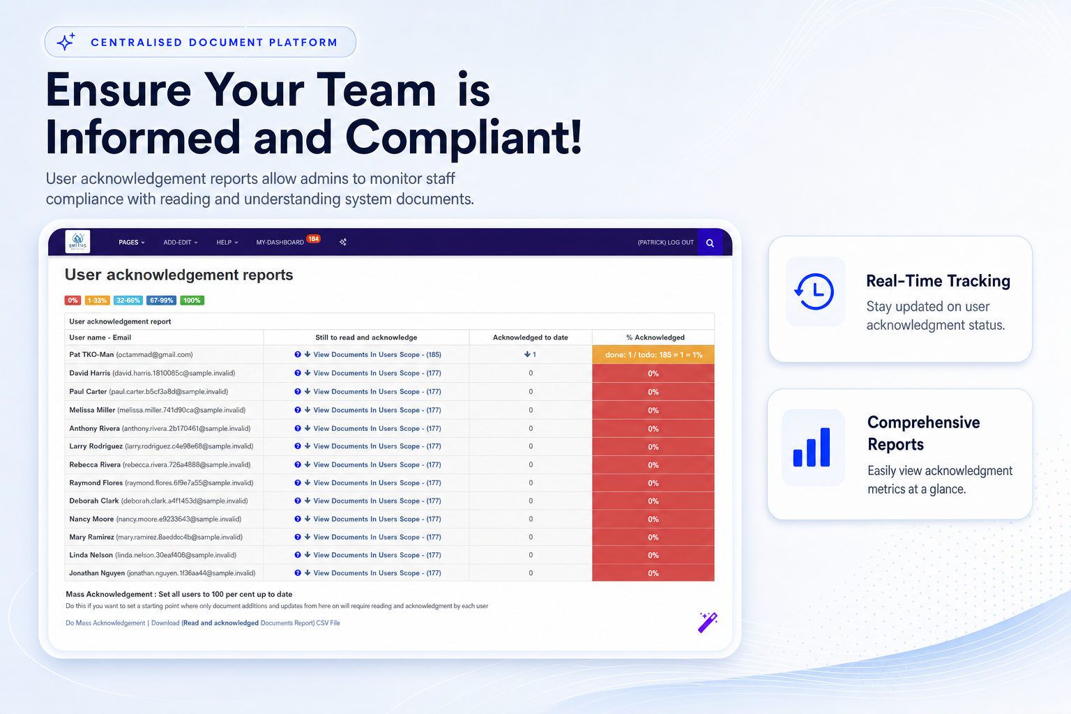 TKO Guides user acknowledgement report for dental compliance documents