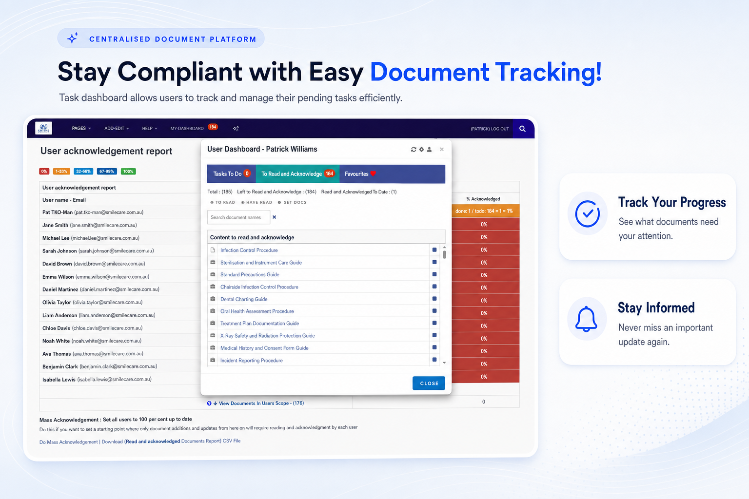 TKO Guides user task dashboard for dental document tracking