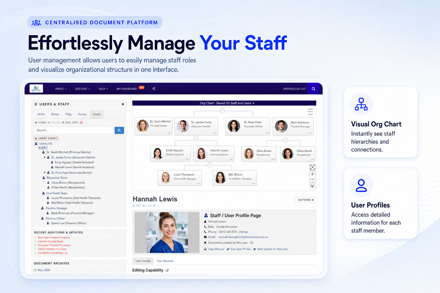 TKO Guides user management with organisational chart for dental staff