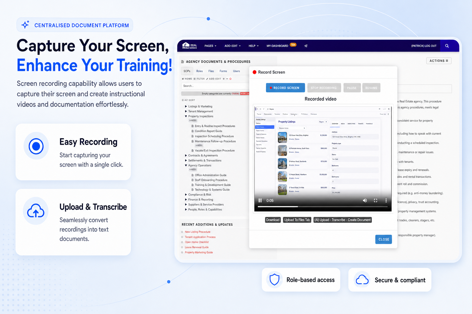 TKO Guides screen recording feature for real estate staff training materials
