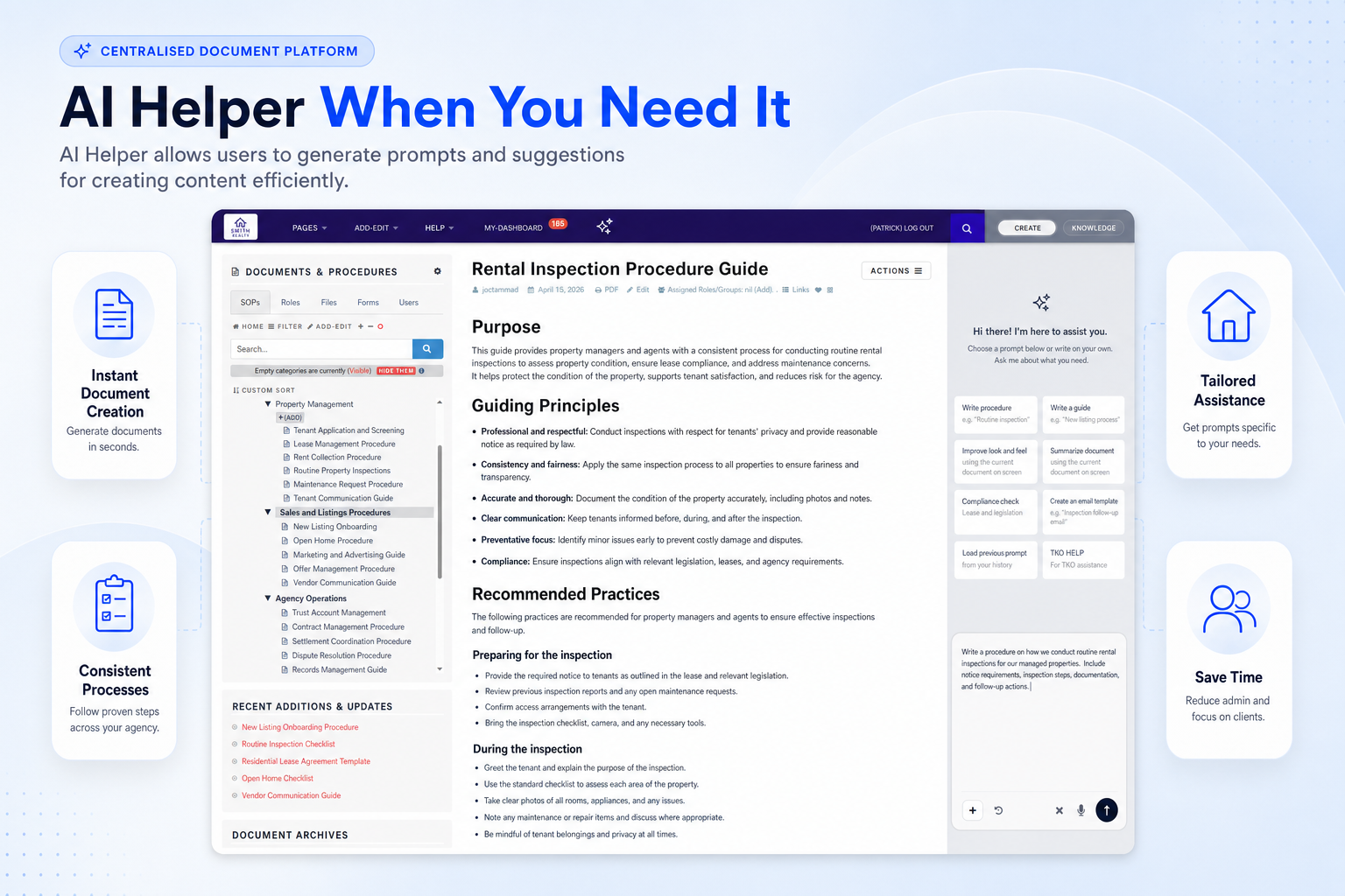 TKO Guides AI helper prompt screen for creating real estate agency documents