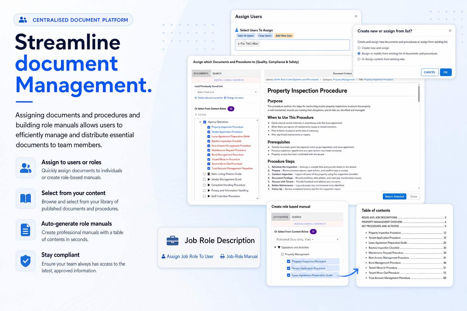 TKO Guides real estate document and procedure assignment screen for building role manuals