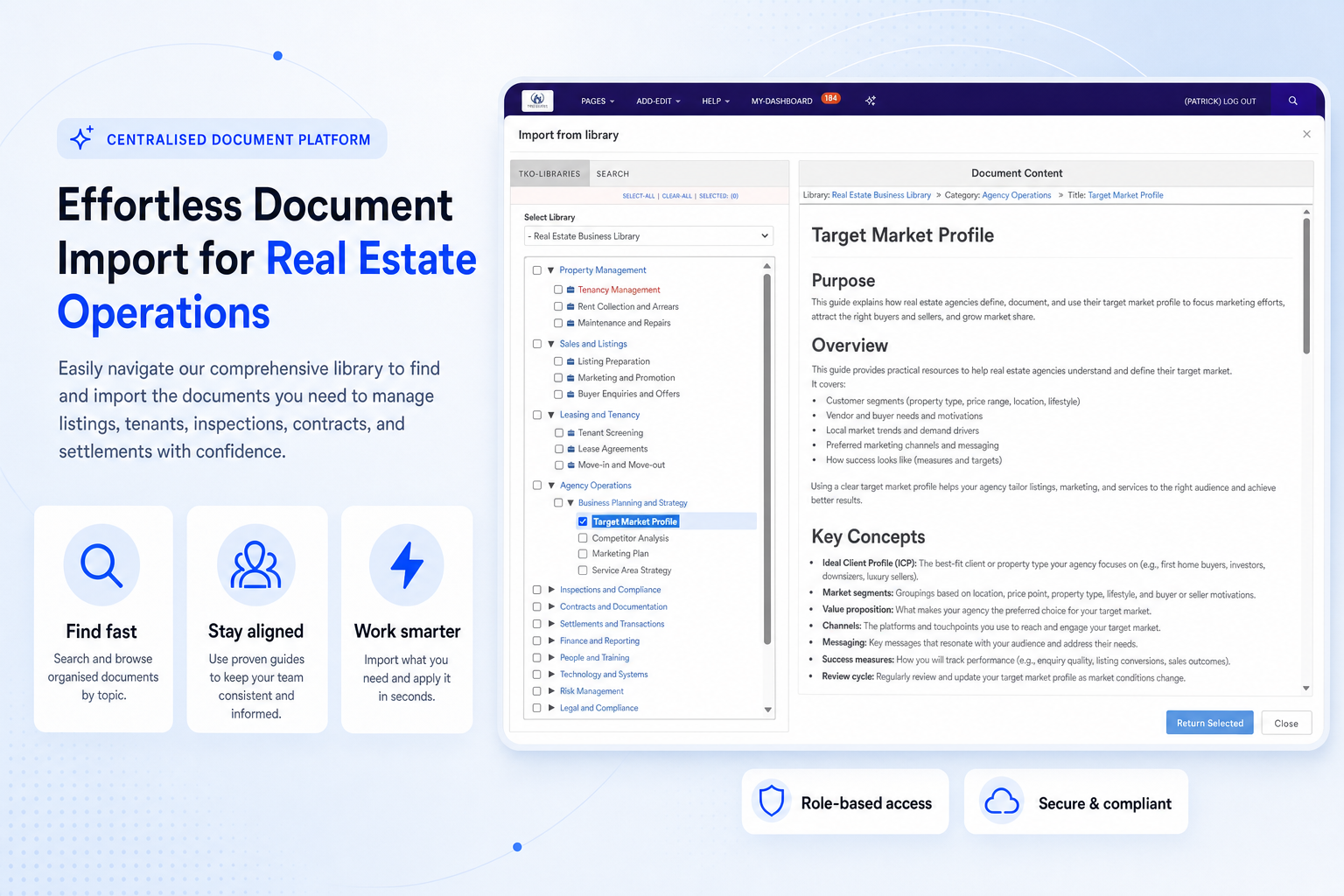 TKO Guides import from library screen for real estate documents