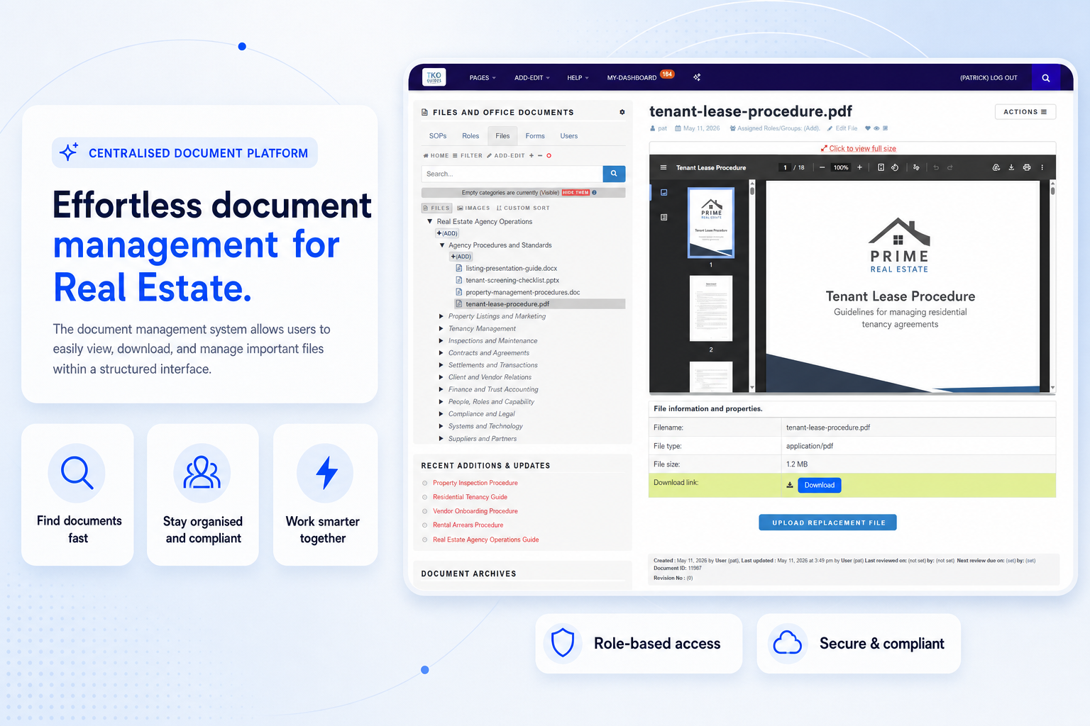 TKO Guides office files screen for managing real estate agency documents