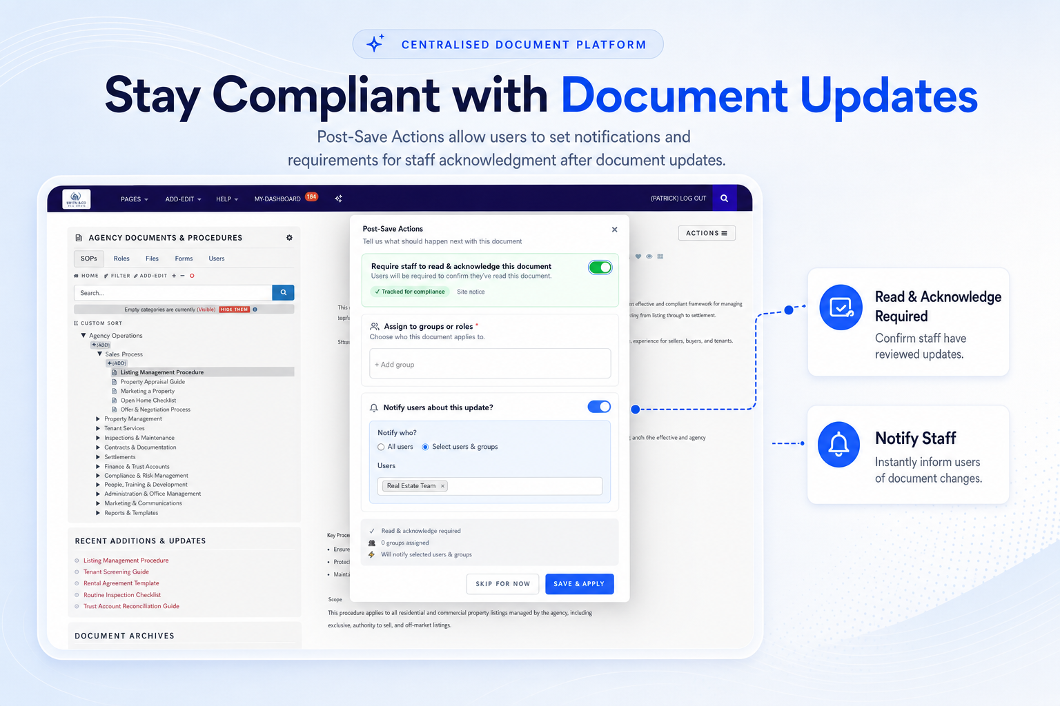 TKO Guides post-save notifications for real estate document updates and acknowledgements