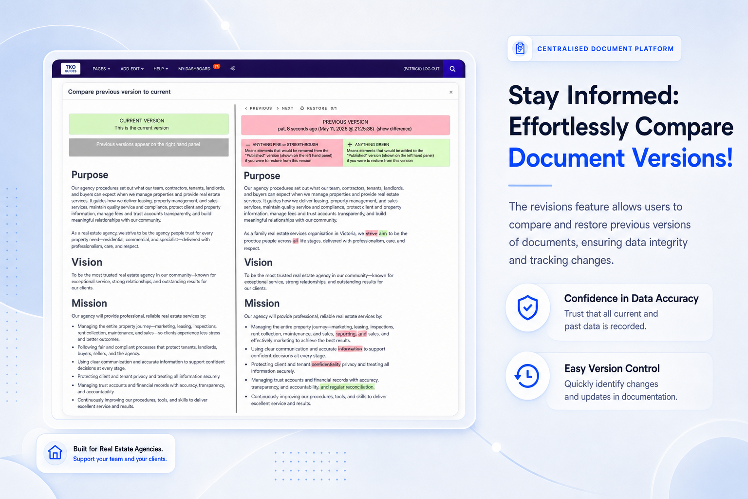 TKO Guides stored revisions comparison tool for real estate documentation